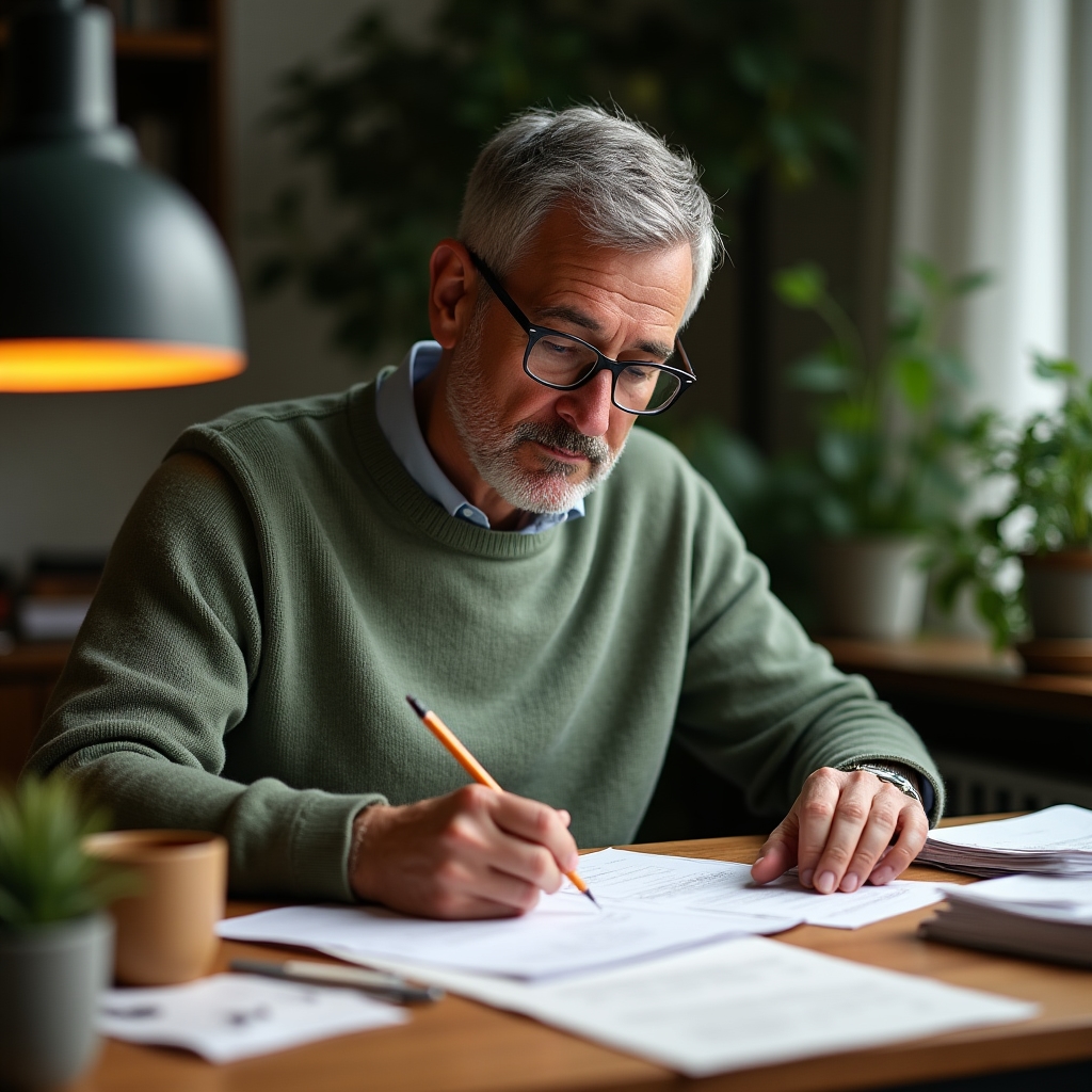 Consultant in a thoughtful working session, reviewing documents with focused attention in a green office environment