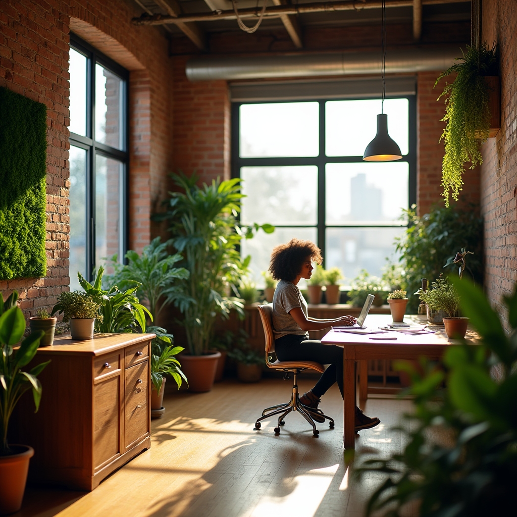 Warm, plant-filled office workspace in Manchester with natural light and wooden furniture