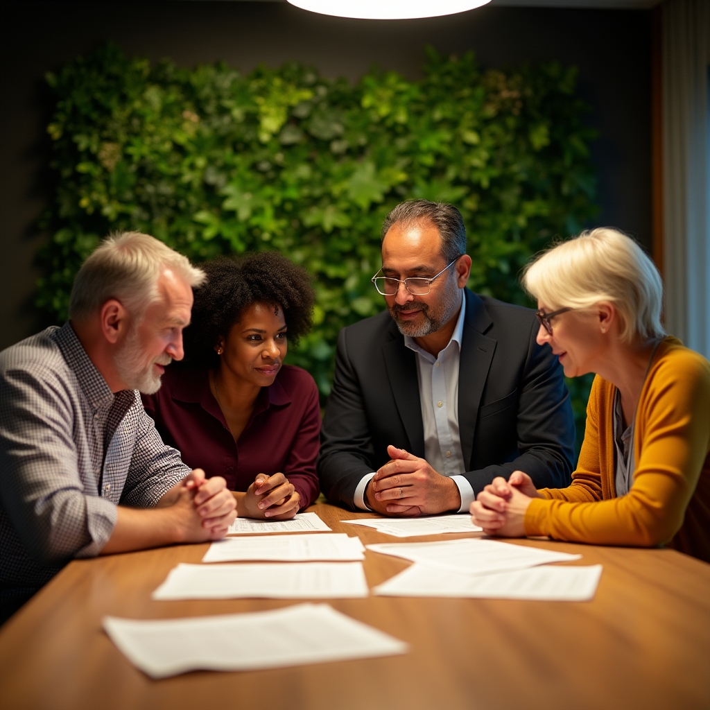 Small business team gathered around a table reviewing business documents in a warm office environment
