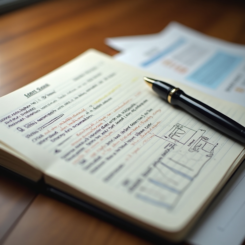 Close-up of handwritten workshop notes and data diagrams on paper, with a pen resting alongside