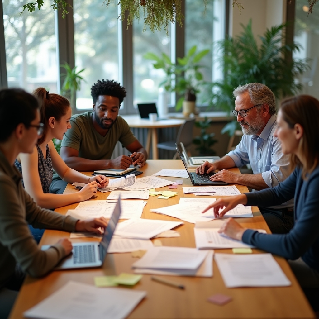 Small business team engaged in a hands-on workshop session, reviewing documents and discussing findings around a large table